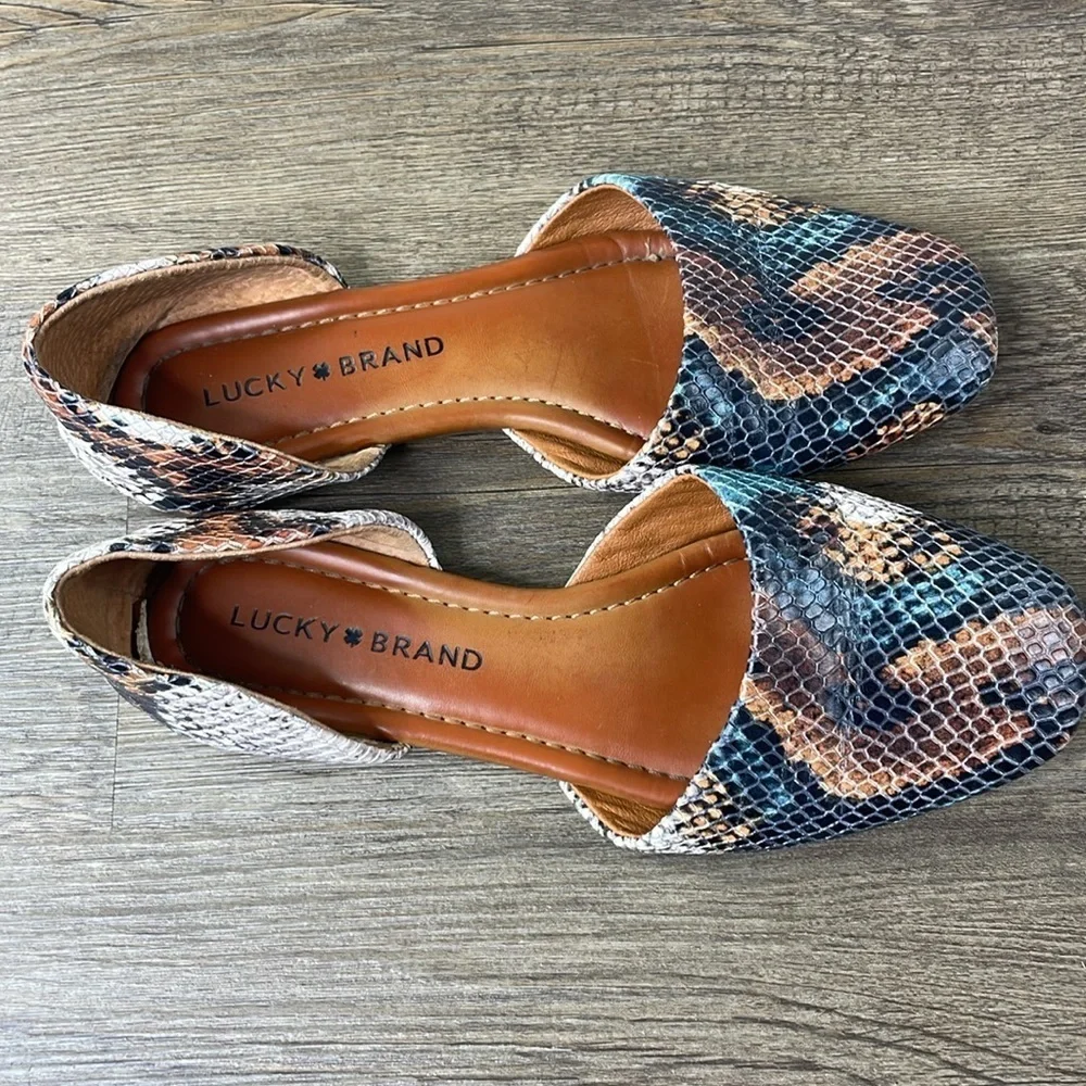 Lucky Brand Women’s DROWE Leather D'Orsay Flats  Tan Black Teal Snake Print, 6 - Picture 2 of 9